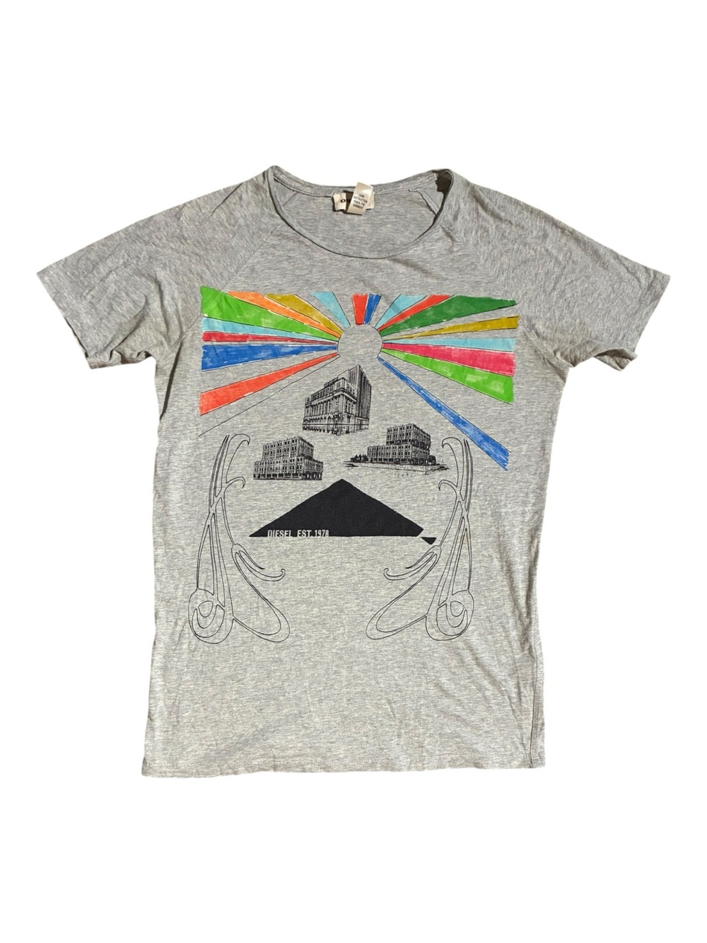 Diesel Y2K Rainbow Sunburst Tee Shirt Gray